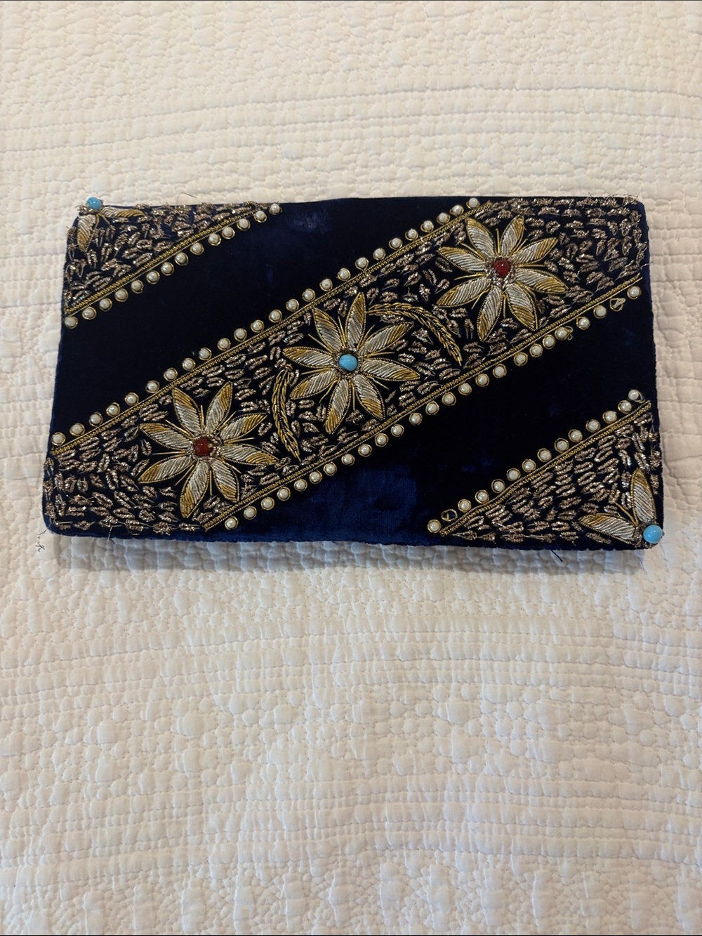 Embroidered Navy Velvet Evening Clutch